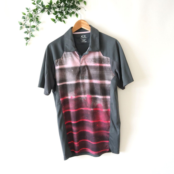 Oakley Men's Gray & Pink Regular Fit Snap Button Polo Shirt Size Medium - Picture 1 of 4